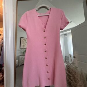 Pink Short-Sleeve Button-Front Knit Dress